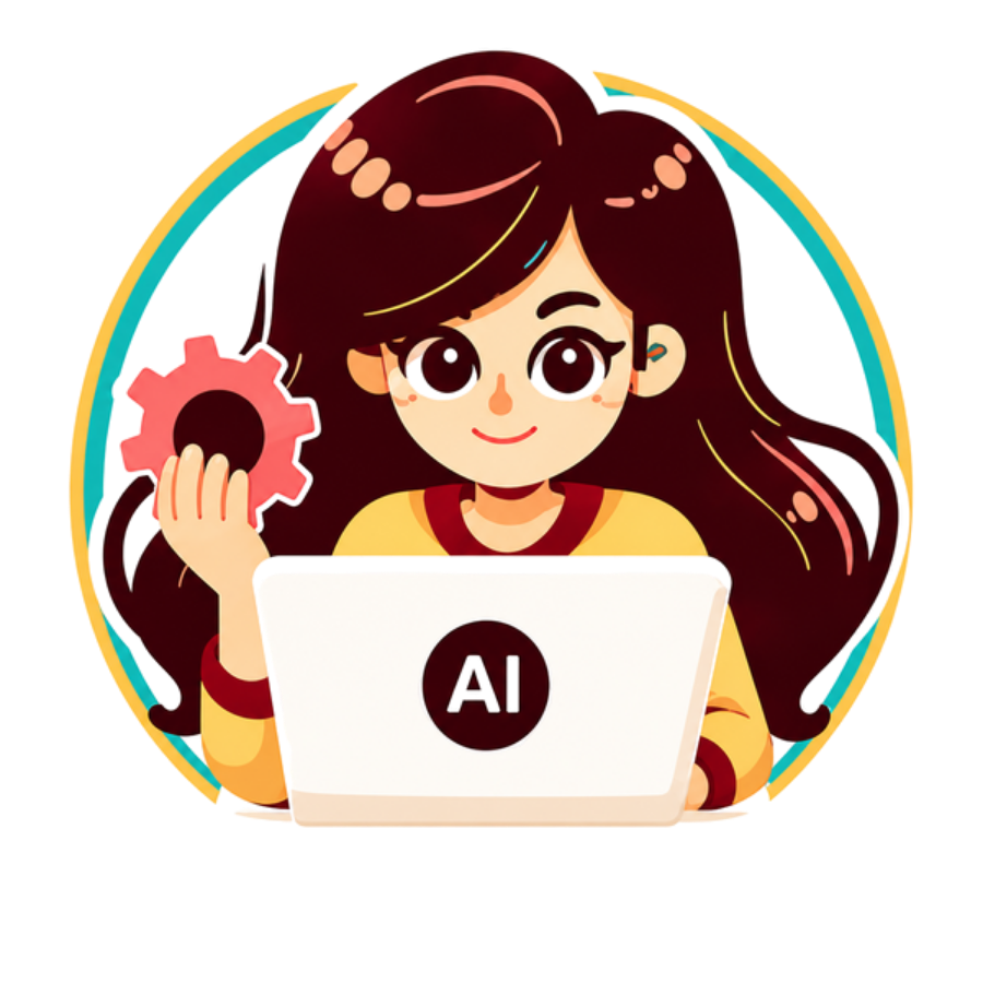 Character holding a gear at a laptop