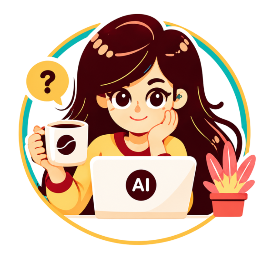 Character holding a coffee mug at a laptop with question bubble