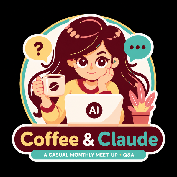 Coffee and Claude badge — character with coffee cup and laptop